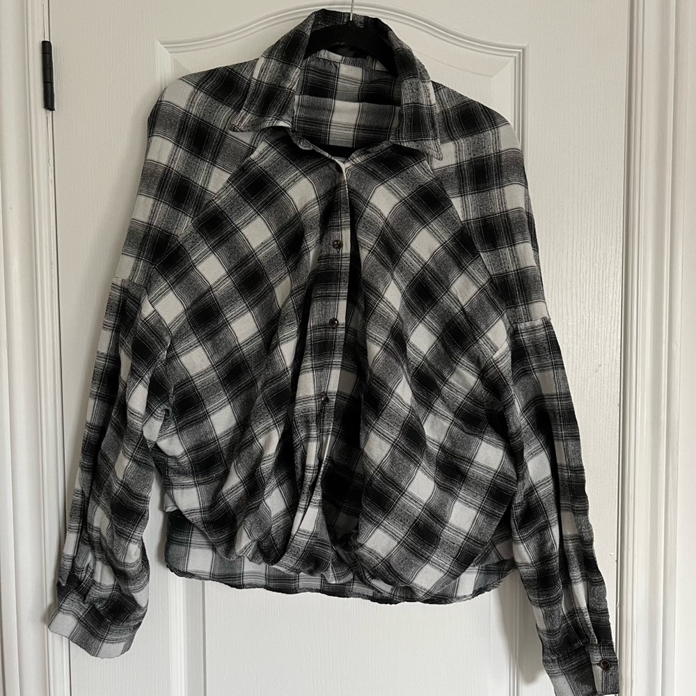 Black White Plaid Flannel Button Up with Drop Shoulder Knot Front Blouse Large